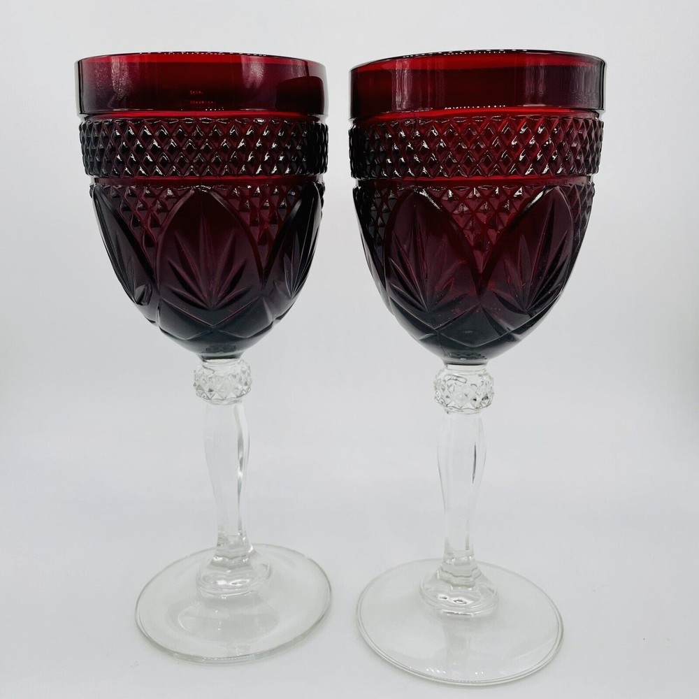 Set Of 2 Cristal d'Arques Durand Antique Ruby Red Wine Goblets Glasses 8” - Picture 1 of 5